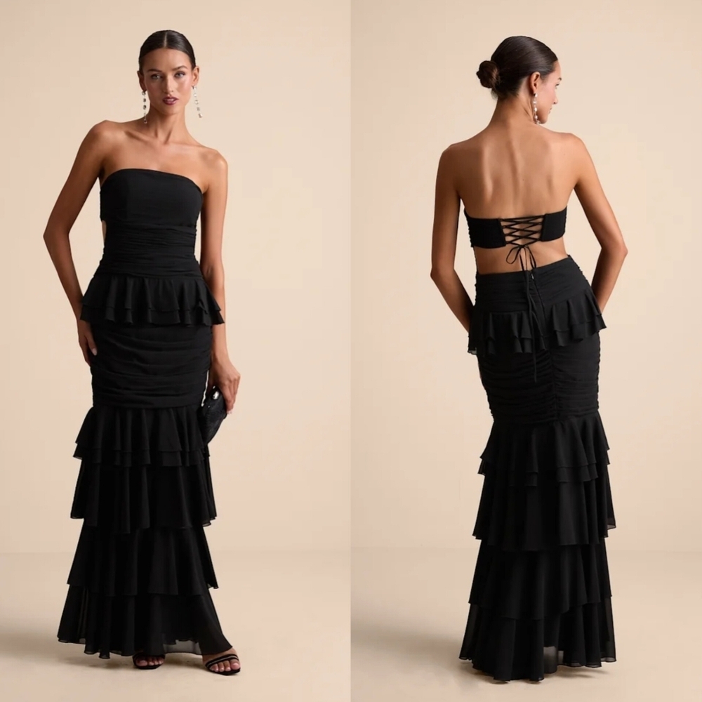 Lulus Loni Black Strapless Ruffled Maxi Dress M Wedding Party Prom Formal